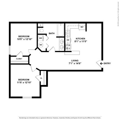 floor plan for a two bedroom apartment at The Kensington Apartments